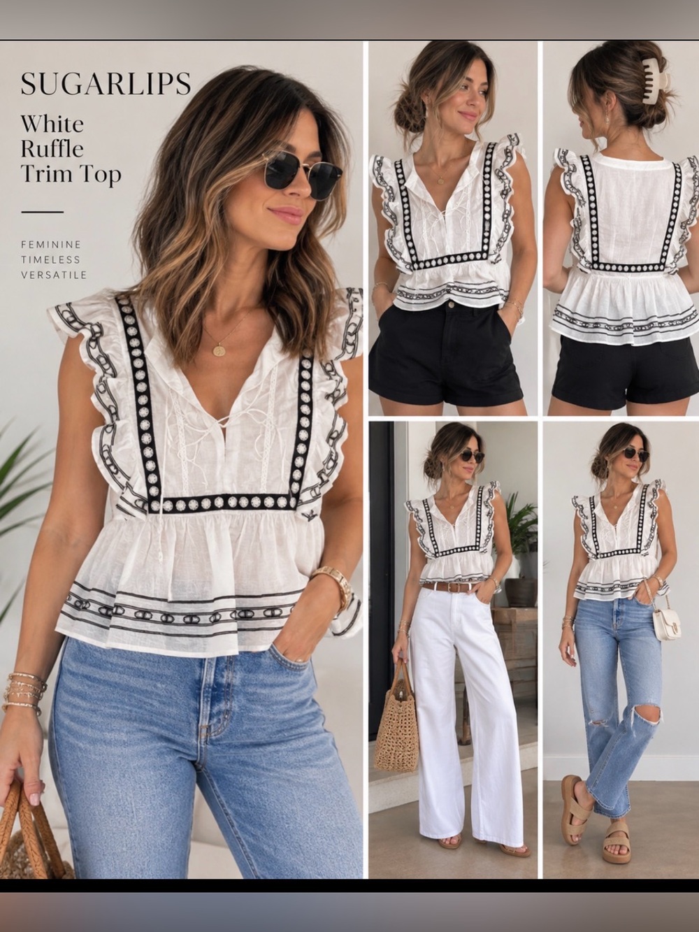 🛍️🛍️Sugarlips White Ruffle Trim Top